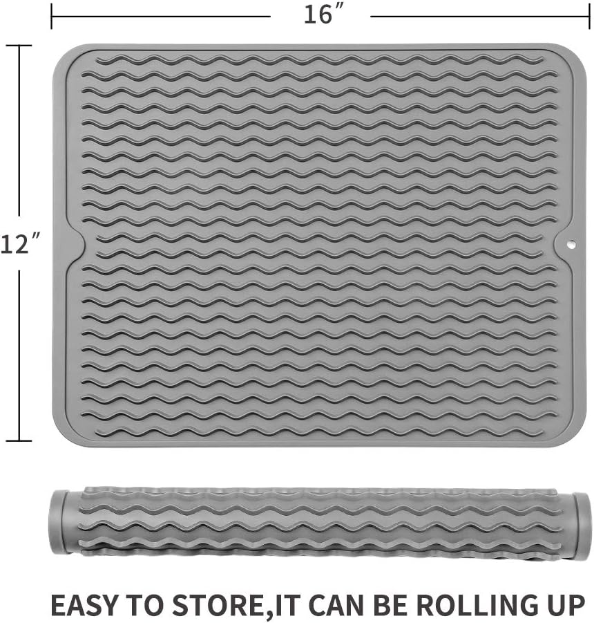 Heat-Resistant Silicone Dish Drying Mat for Kitchen Counter or Sink, Refrigerator