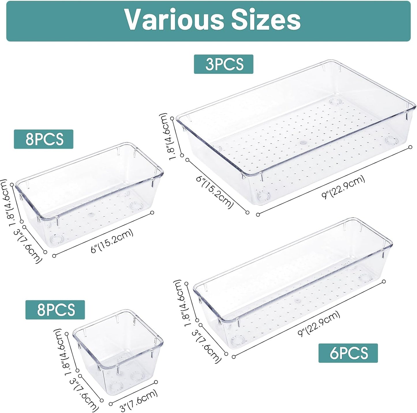 Premium Clear Plastic Drawer Organizer Set -Multi Size